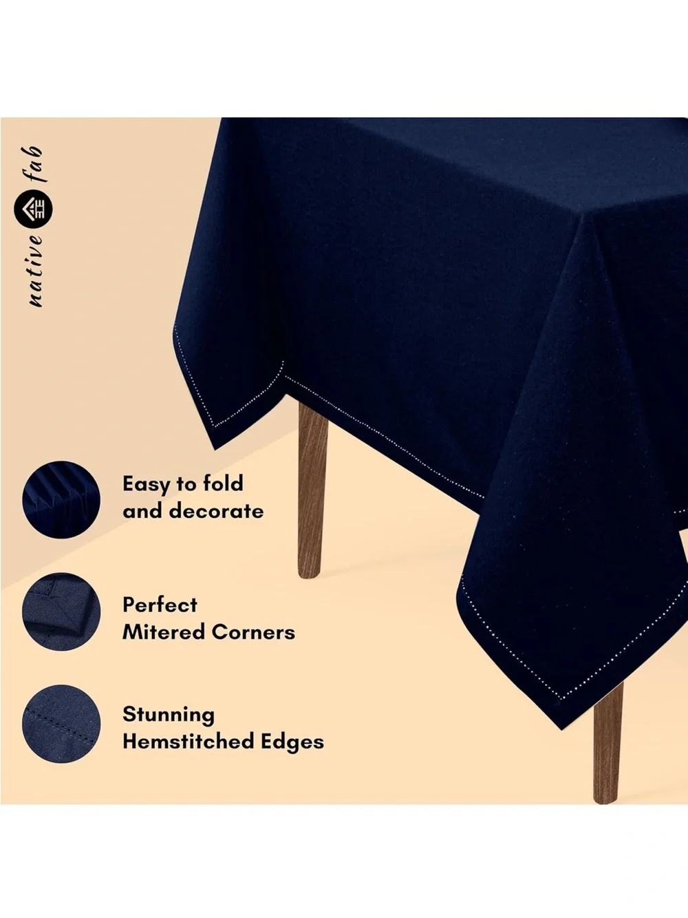 NEW Native Fab 100% Cotton Tablecloth, Durable Wrinkle-Free, Washable. Navy Blue